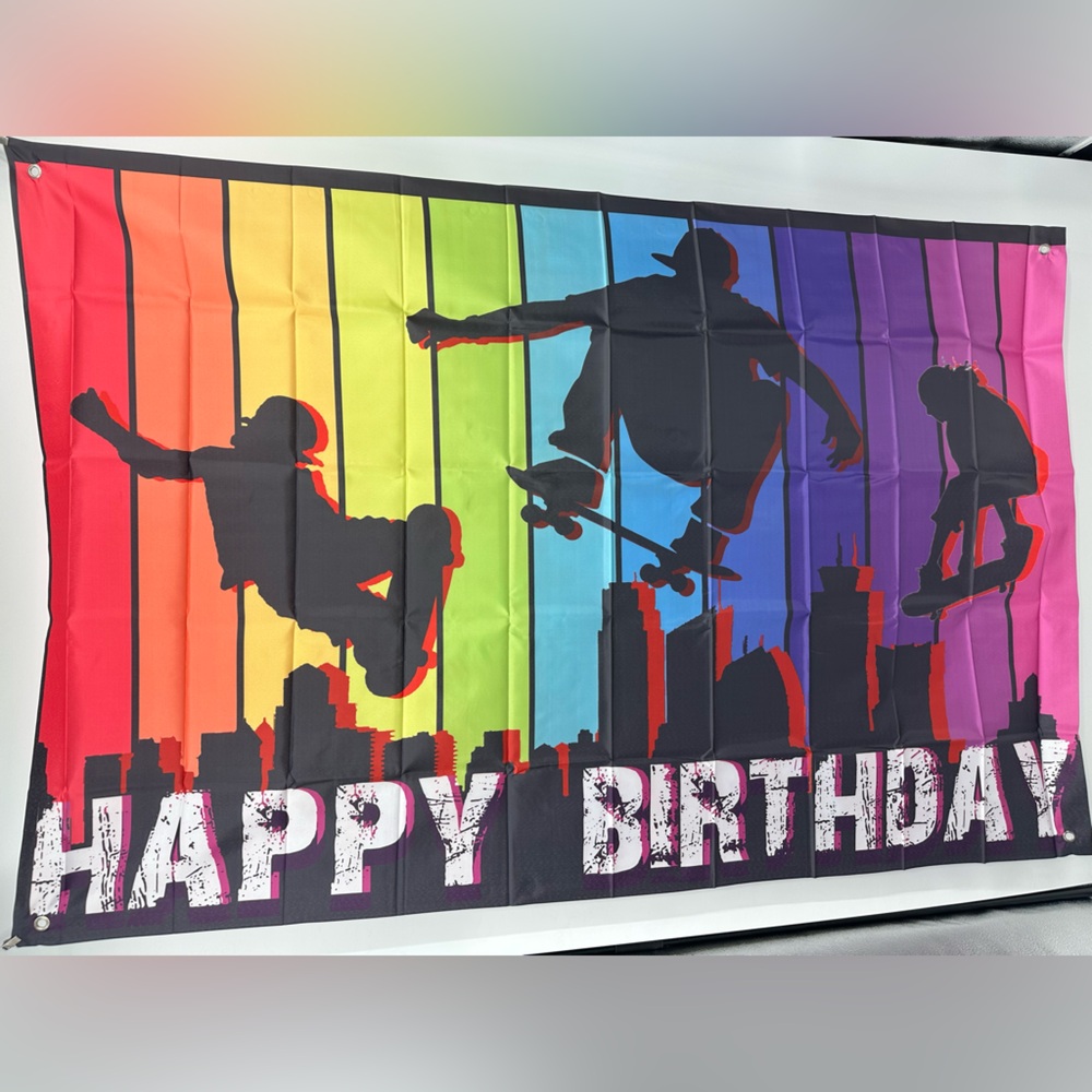 Skateboarder Happy Birthday Backdrop Banner (5x3Ft) and Cake Topper